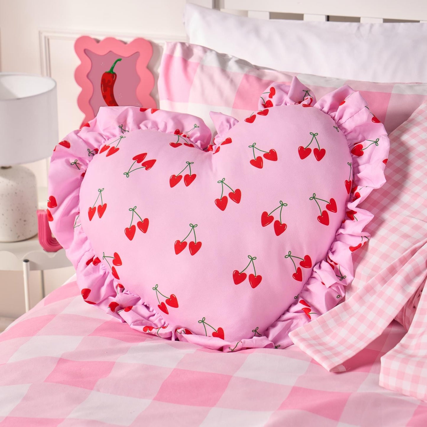 OHS Heart Scatter Cushion Cherry Print Frill Microfibre Decorative Throw Pillow