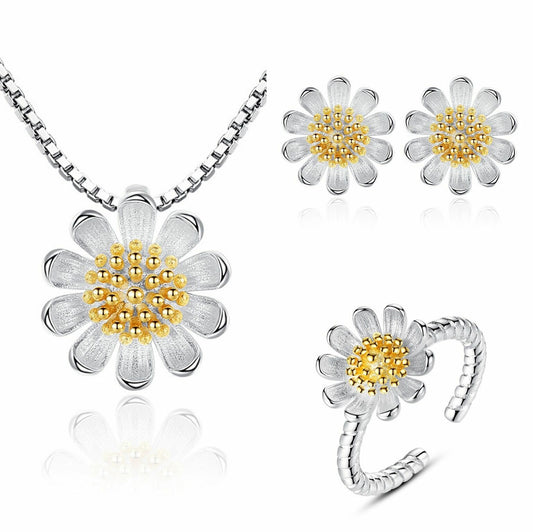 Women Sun Flower Pendant Necklace Stud Earrings Ring 925 Sterling Silver
