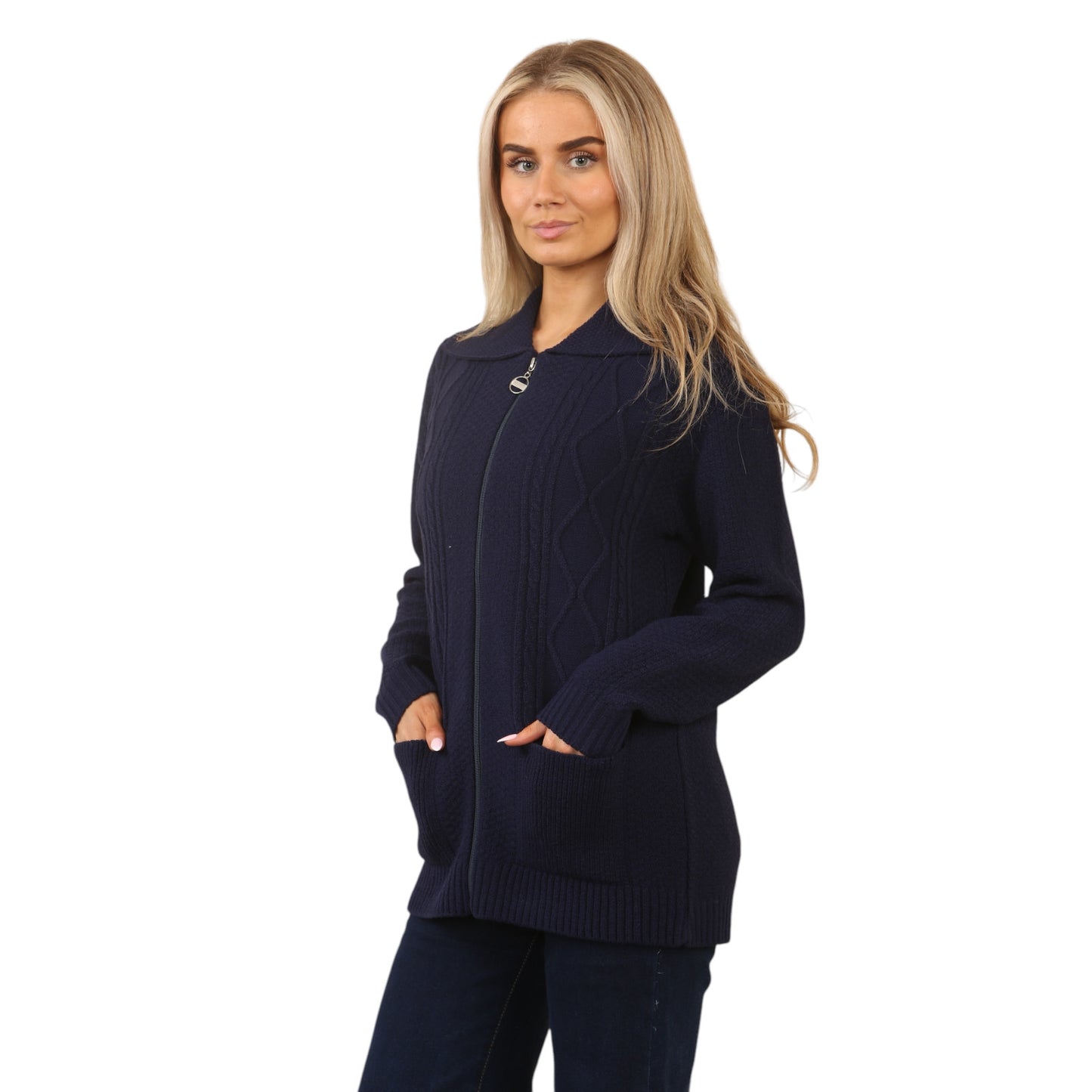 WOMENS ZIP UP CARDIGAN LADIES DIAMOND CABLE KNIT LONG SLEEVES SWEATER TOP JUMPER