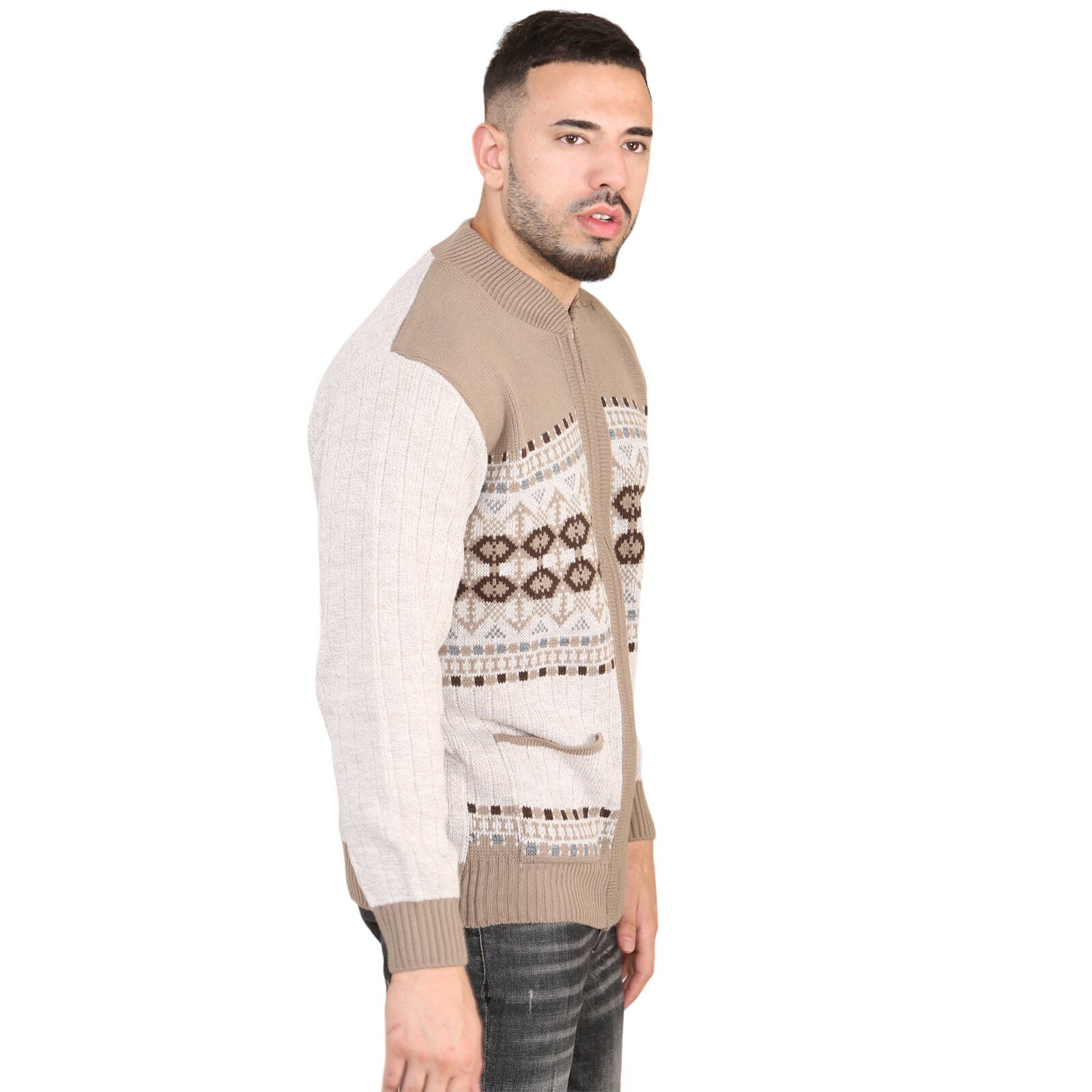 MENS AZTEC PATTERN CARDIGAN ZIP POCKET THICK WINTER WARM SWEATER KNITTED JUMPER
