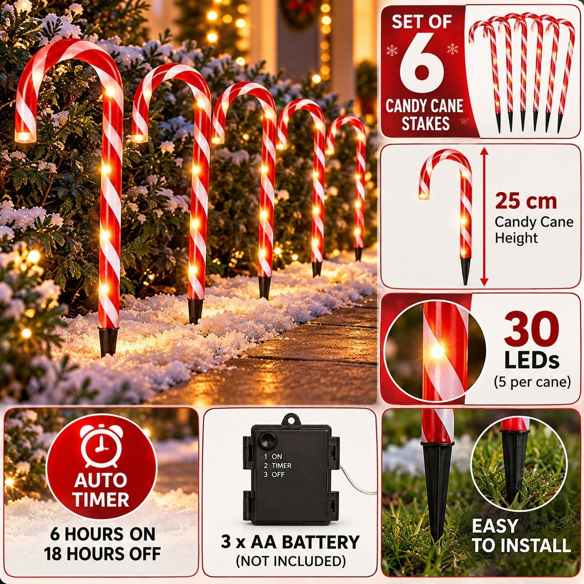 6pc Christmas Candy Cane Pathway Lights 30 LED Outdoor Garden Stake Xmas Decor