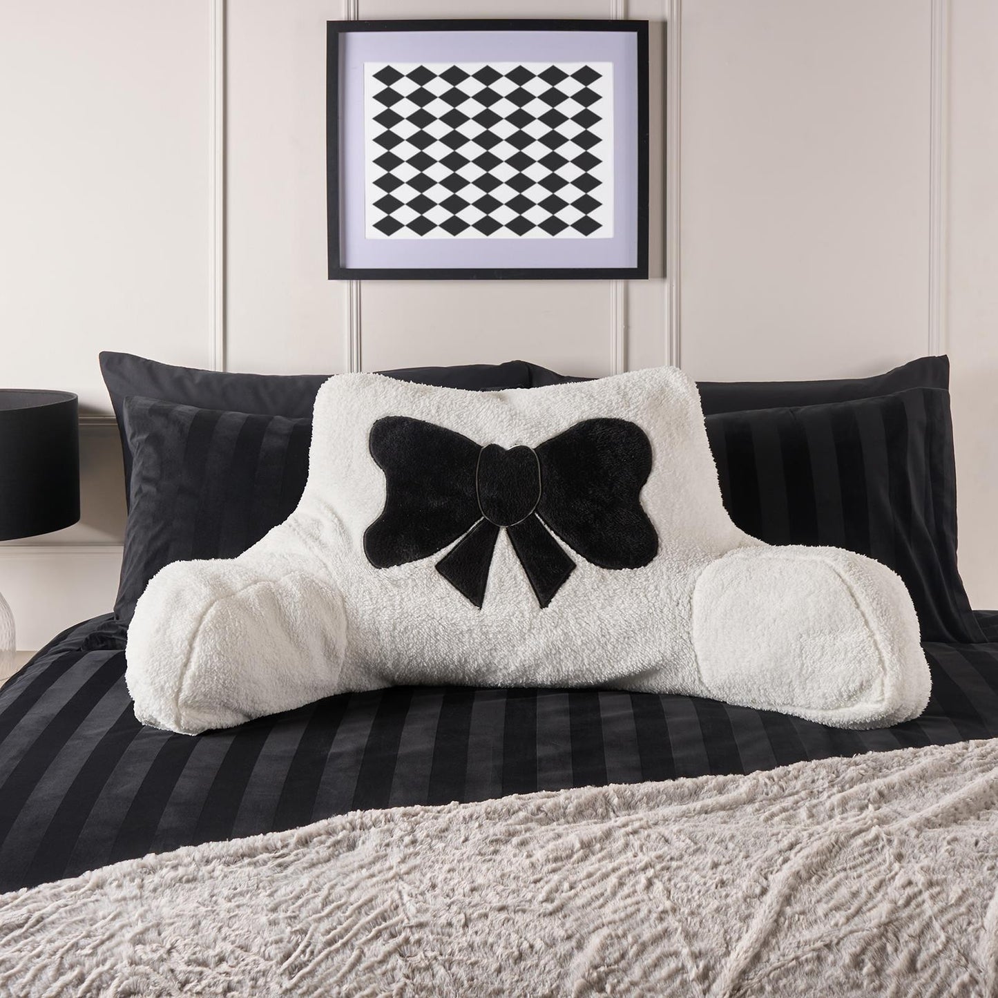 OHS Embroidered Bow Cuddle Cushion Teddy Fleece Reading Pillow with Arms
