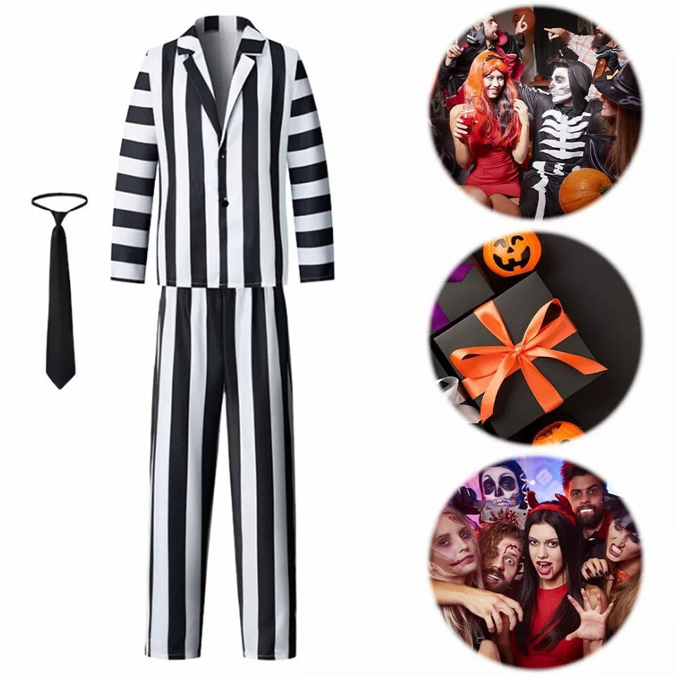 Men Beetlejuice Fancy Dress Spooky Halloween Cosplay Costume with Suit Pants Tie