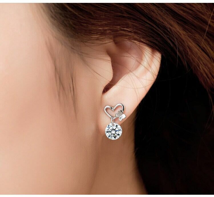 Women 925 Sterling Silver Crystal Heart Butterfly Stud Earrings Valentine's Gift