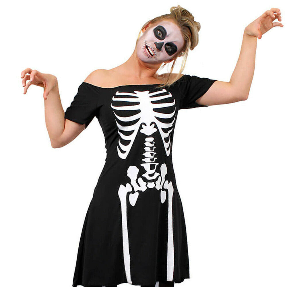SKELETON SKATER DRESS COSTUME HALLOWEEN FANCY DRESS LADIES WOMENS ADULT OUTFIT
