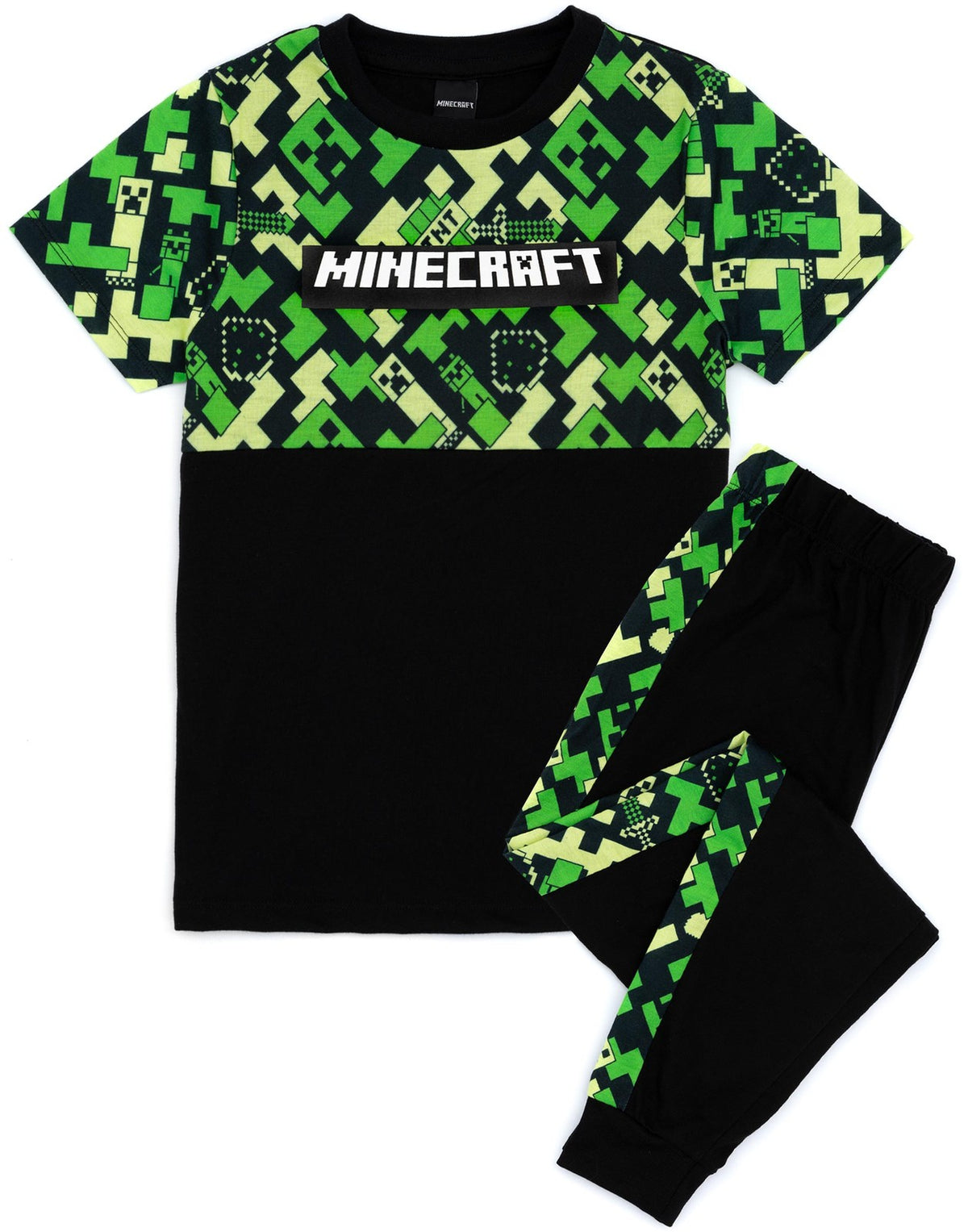 Minecraft Short Sleeve Long Leg Pyjama Set | Boys Green Black Gaming | Official