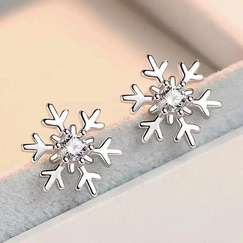 Crystal Snowflakes 925 Sterling Silver Stud Earrings Women Girls Christmas Gift