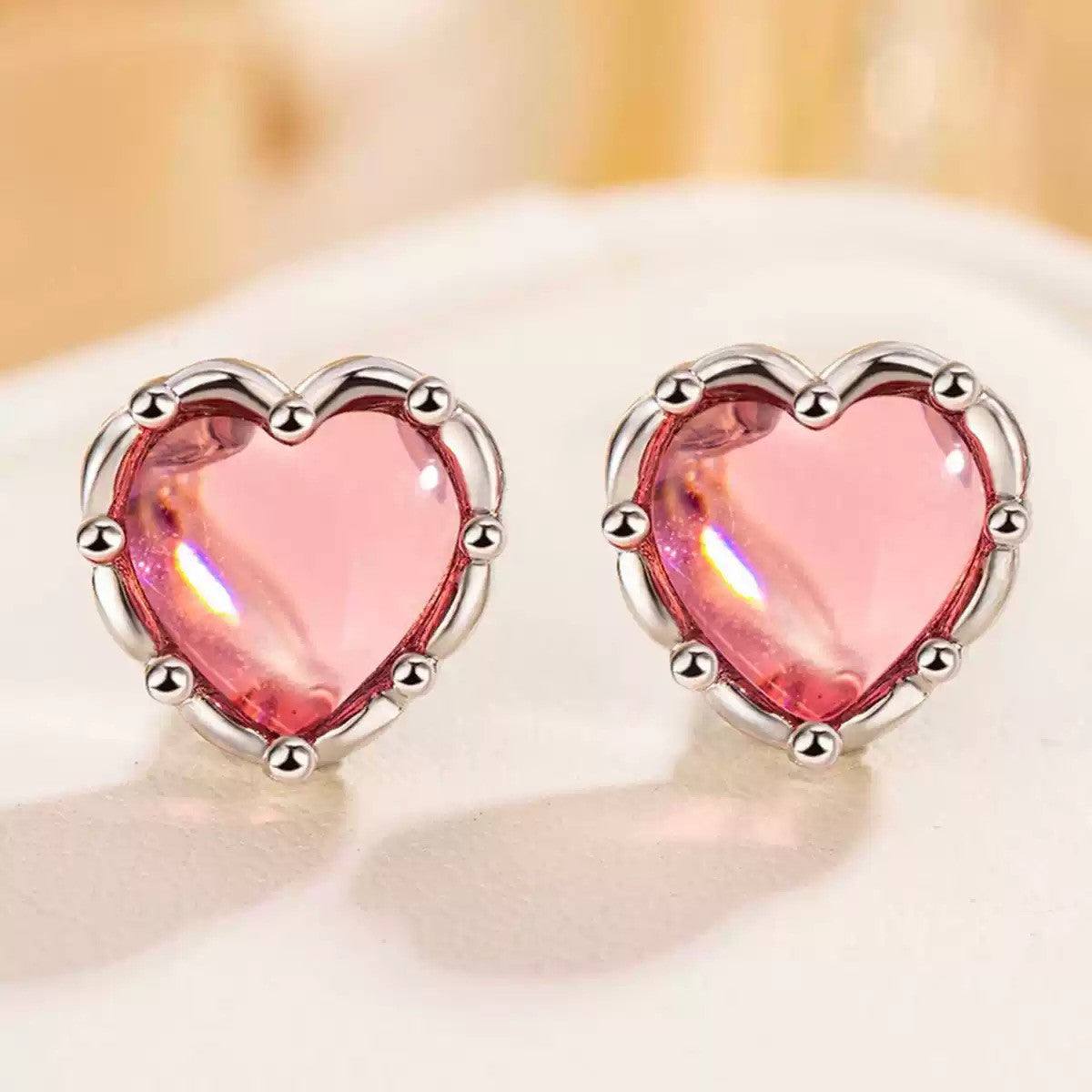 925 Sterling Silver Crystal Pink Heart Stud Earrings Jewellery Women Girls Gift