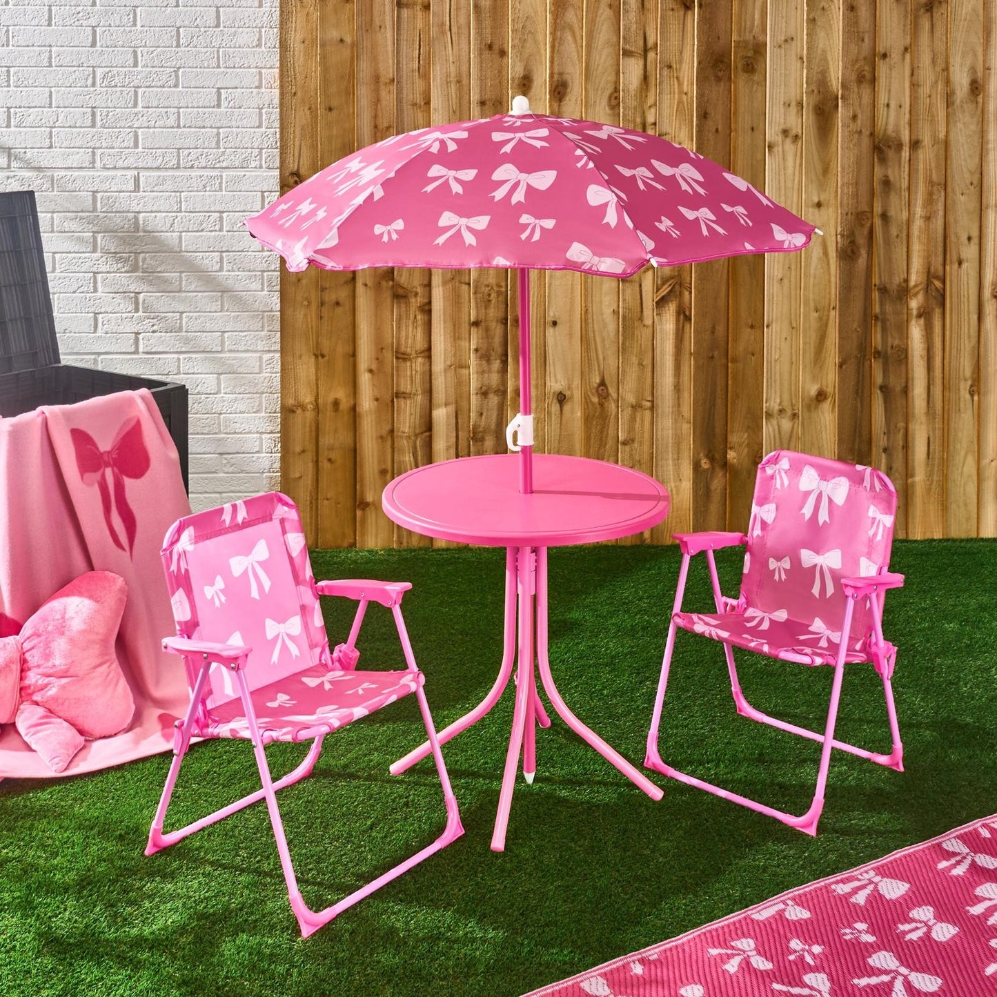 OHS Kids Folding Bistro Set Bows Print Table Chair Seat with Parasol Garden