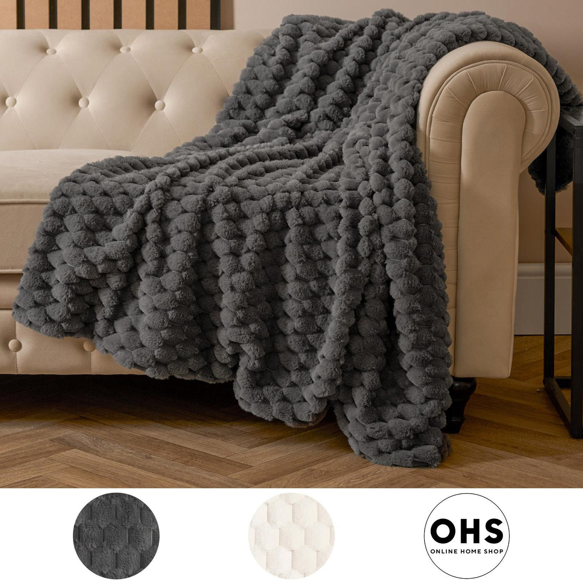 OHS Waffle Throw Bed Blanket Faux Fur Supersoft Warm Fleece Cosy Plush