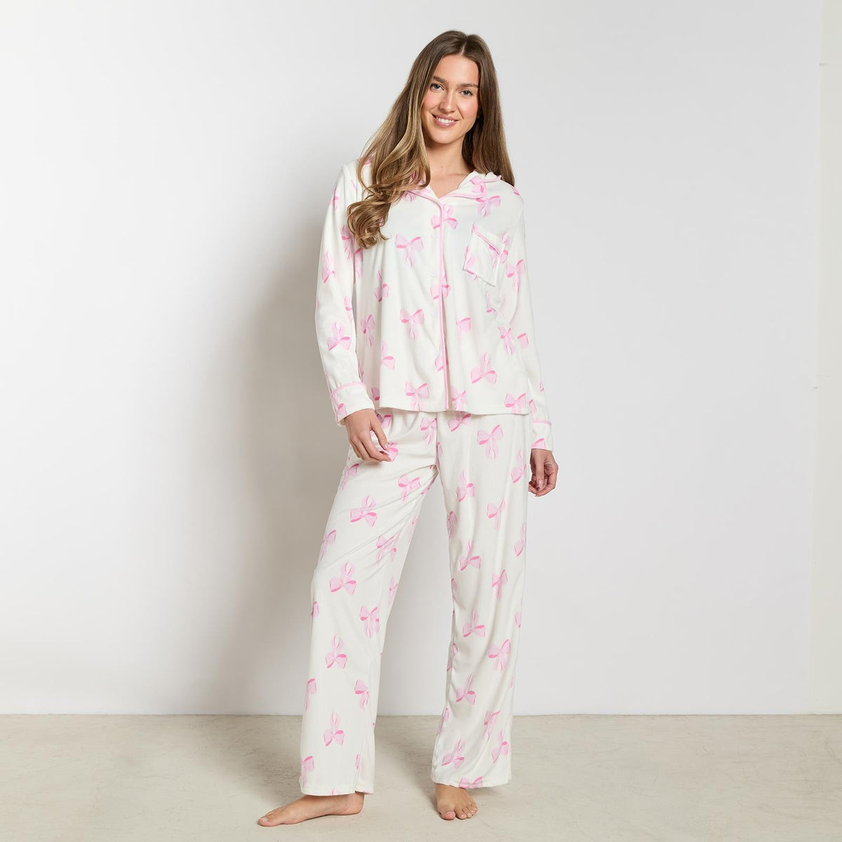 OHS Bows Pyjama Set Womens Button Through Baby Fleece Loungewear Nightwear