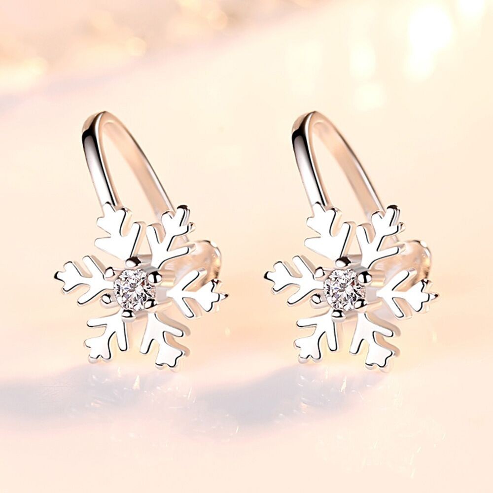 Lovely Crystal Snowflake Ear Clip Cuff Earrings 925 Sterling Silver Christmas