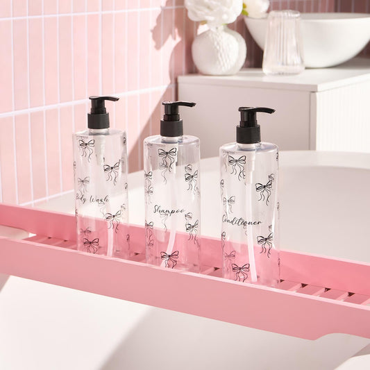 OHS Bows Pump Dispenser Bottles 3 Pack Refillable Shampoo Conditioner Containers