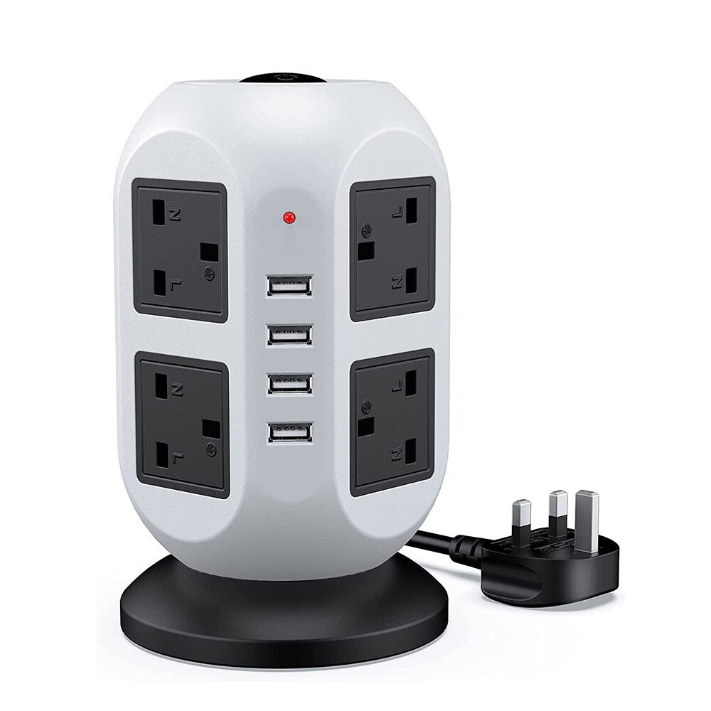 8/10 Way Tower Power Extension Lead 3M With 4 USB Ports UK Plug Surge Protected