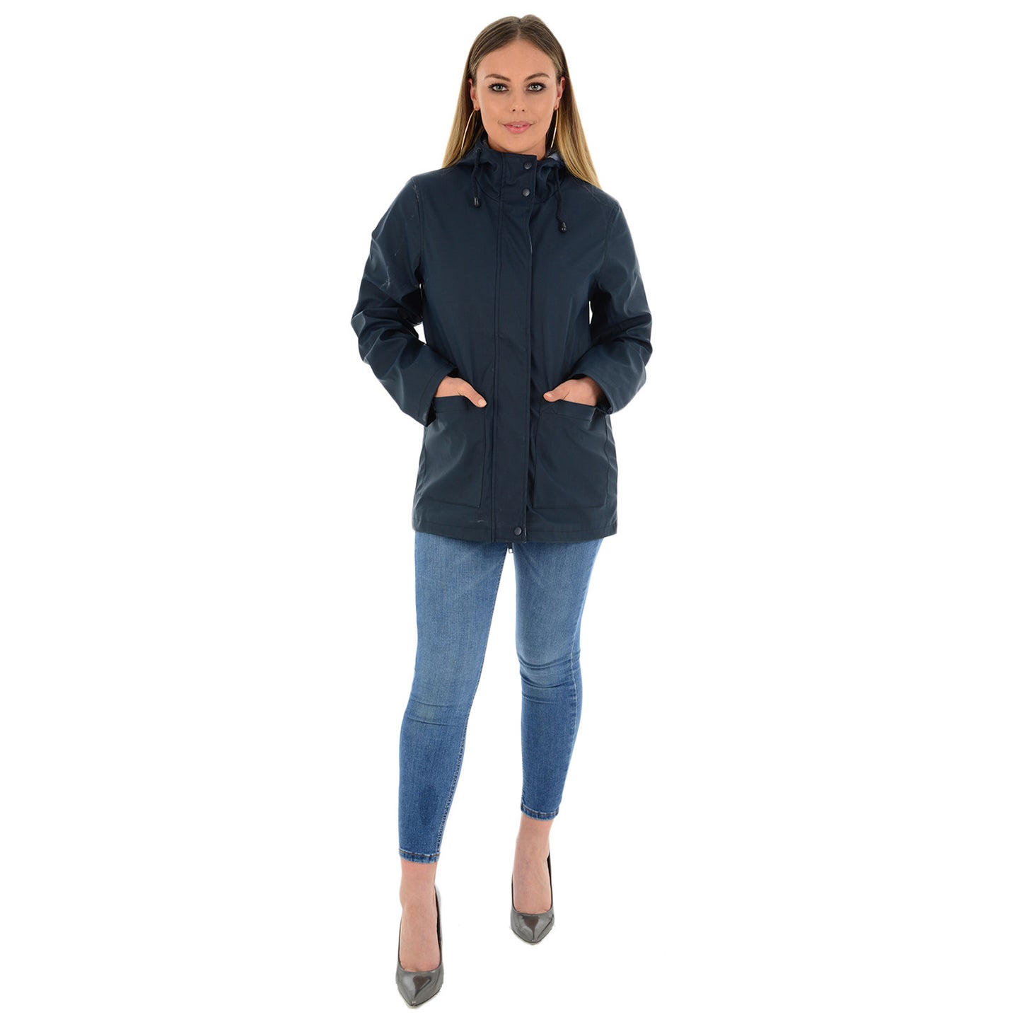 LADIES RAINCOAT WOMENS WATERPROOF FESTIVAL HOODED COAT PARKA RUBBERISED JACKET