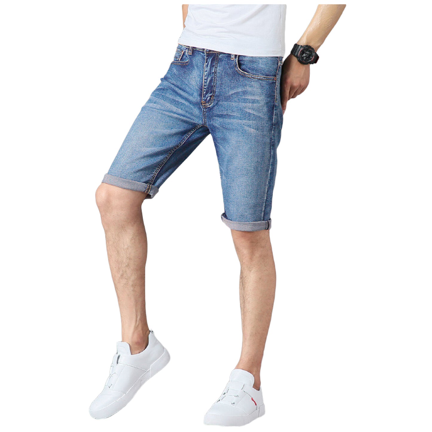 Mens Boys Denim Shorts Stretch Slim Fit Summer Half Jeans Pants Dark Blue Light