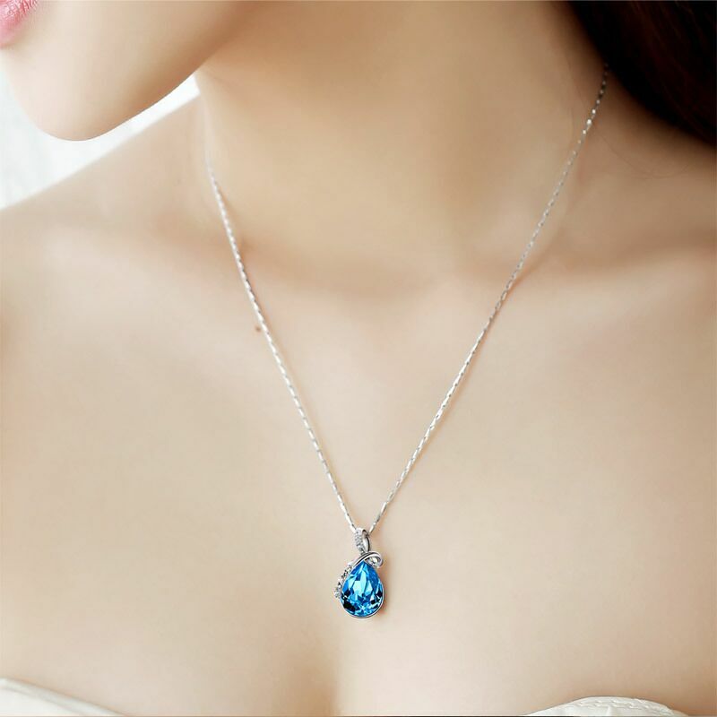 Womens 925 Sterling Silver Crystal Angel Water Drop Pendant Necklace Jewellery