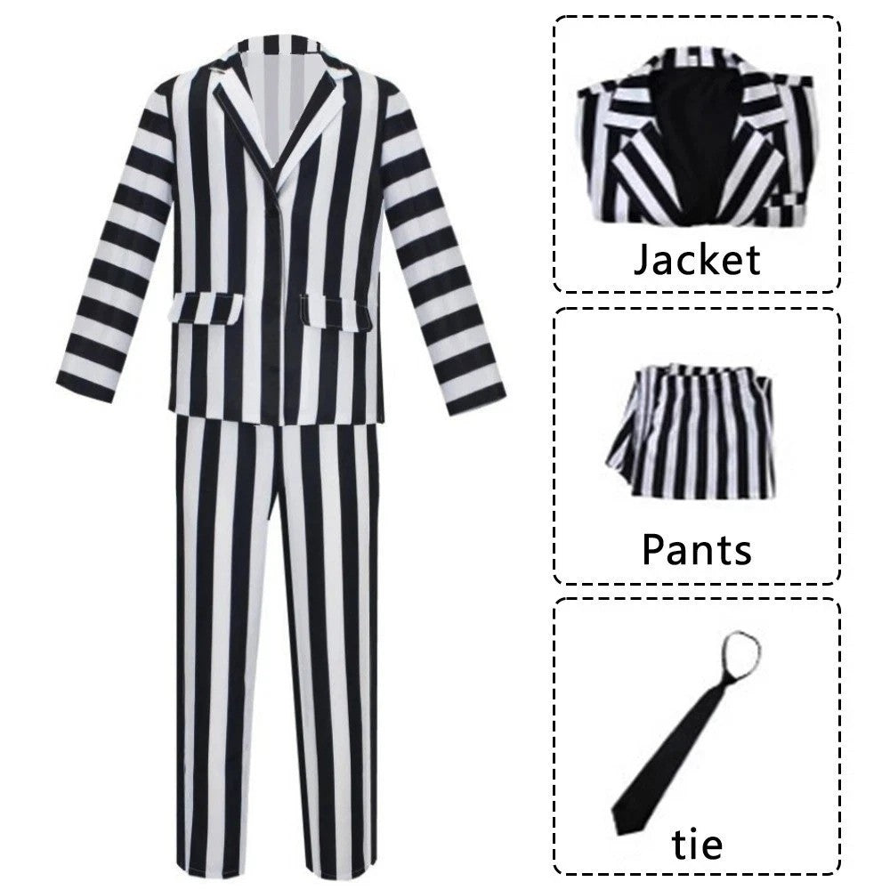 Men Beetlejuice Fancy Dress Spooky Halloween Cosplay Costume with Suit Pants Tie