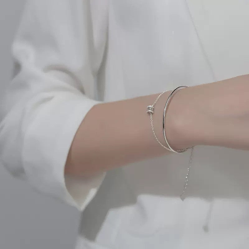 925 Sterling Silver Crystal Double Layer Fashion Charm Bracelet Women Jewellery