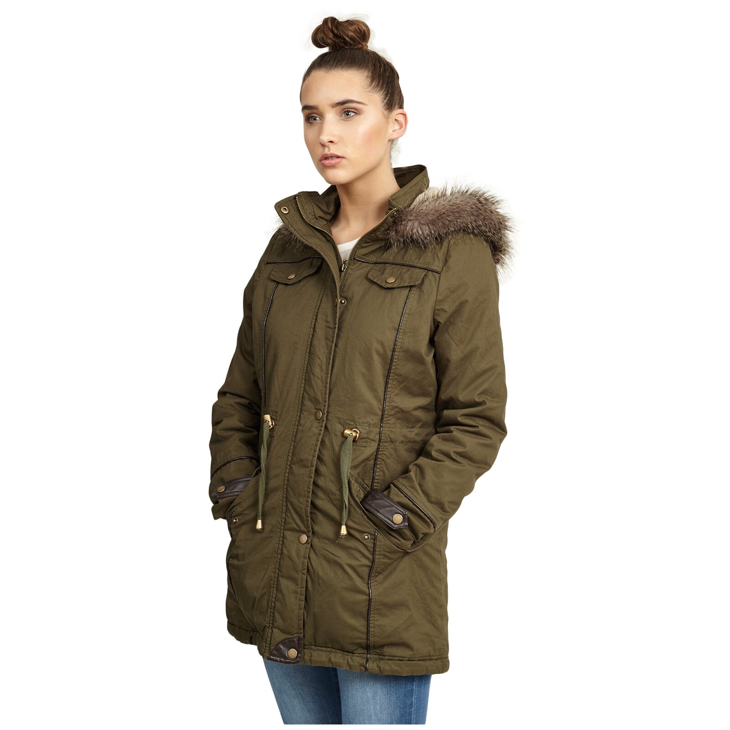 BRAVE SOUL WOMENS PADDED PARKA COAT FUR HOOD FISHTAIL MILITARY WINTER JACKET TOP