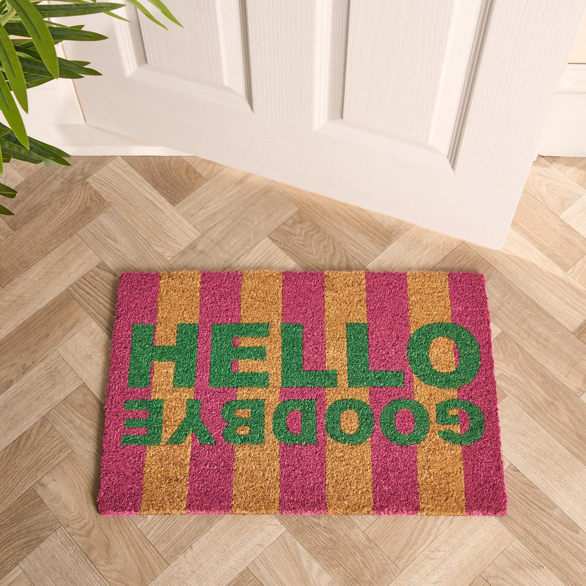 OHS Striped Doormat Hello Goodbye Slogan Non Slip Indoor Outdoor Coir Door Rug