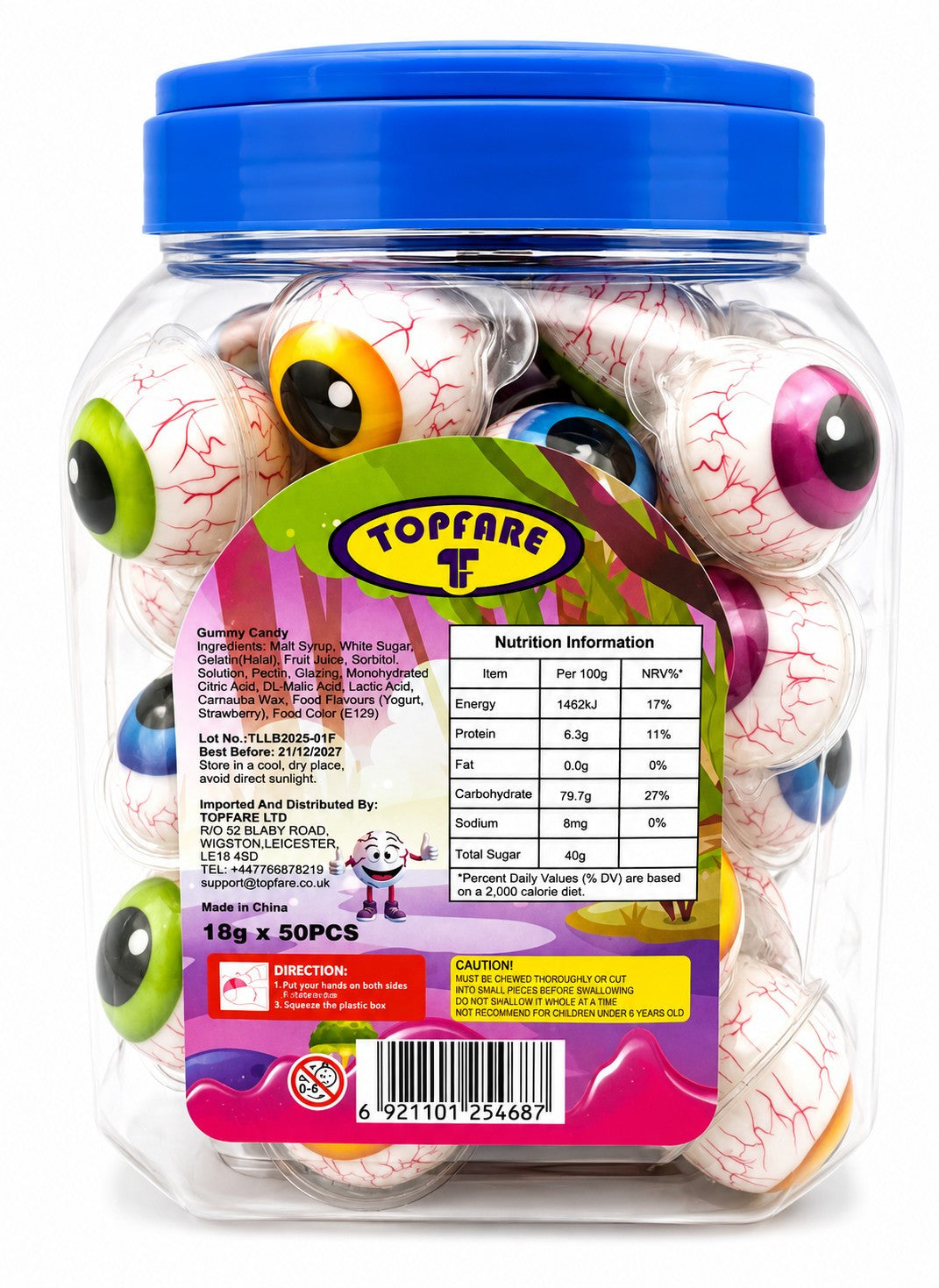Eye Ball Gummy Juicy Filled Sweets 50 x 18g Halal Halloween Kids Party Bag Gifts
