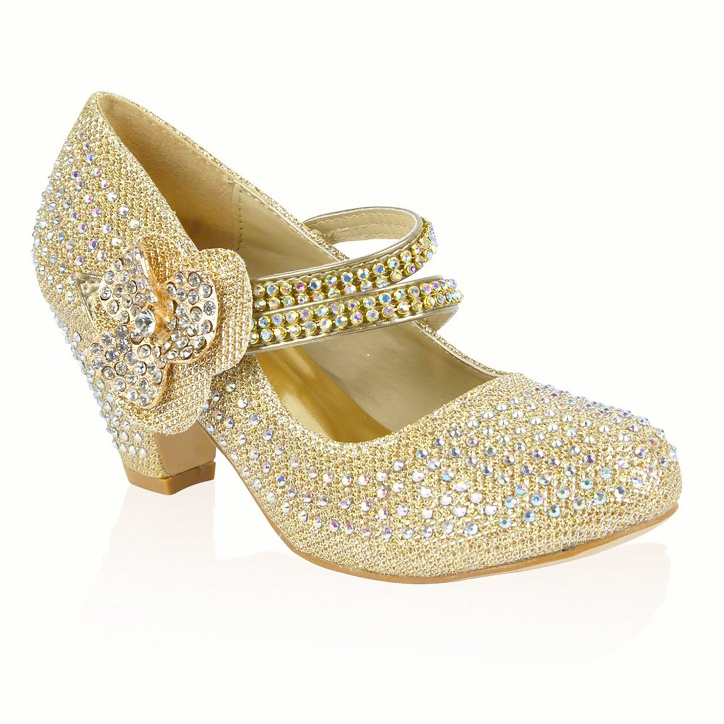 GIRLS WEDDING SHOES PARTY BRIDESMAID DIAMANTE LOW HEEL MARY JANE EVENING SANDAL