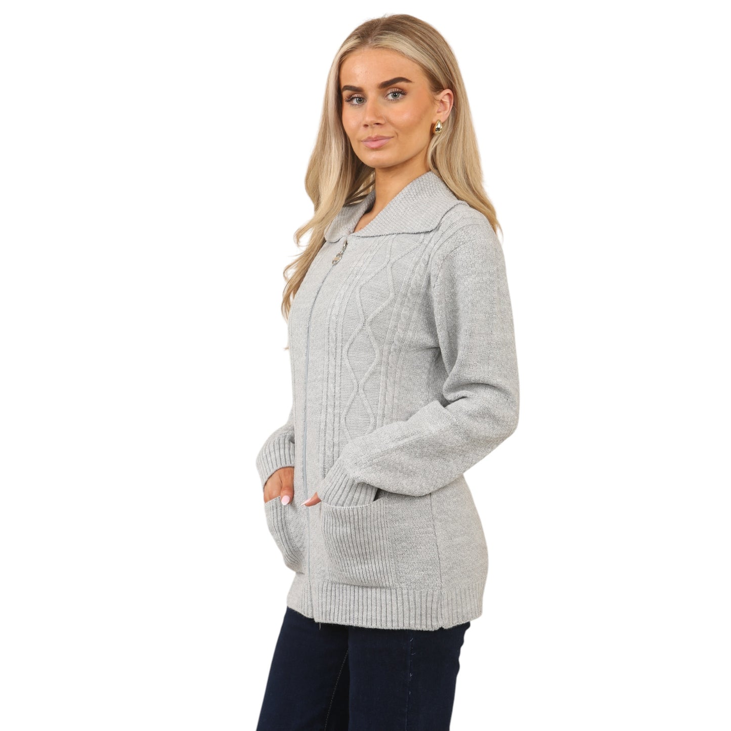 WOMENS ZIP UP CARDIGAN LADIES DIAMOND CABLE KNIT LONG SLEEVES SWEATER TOP JUMPER