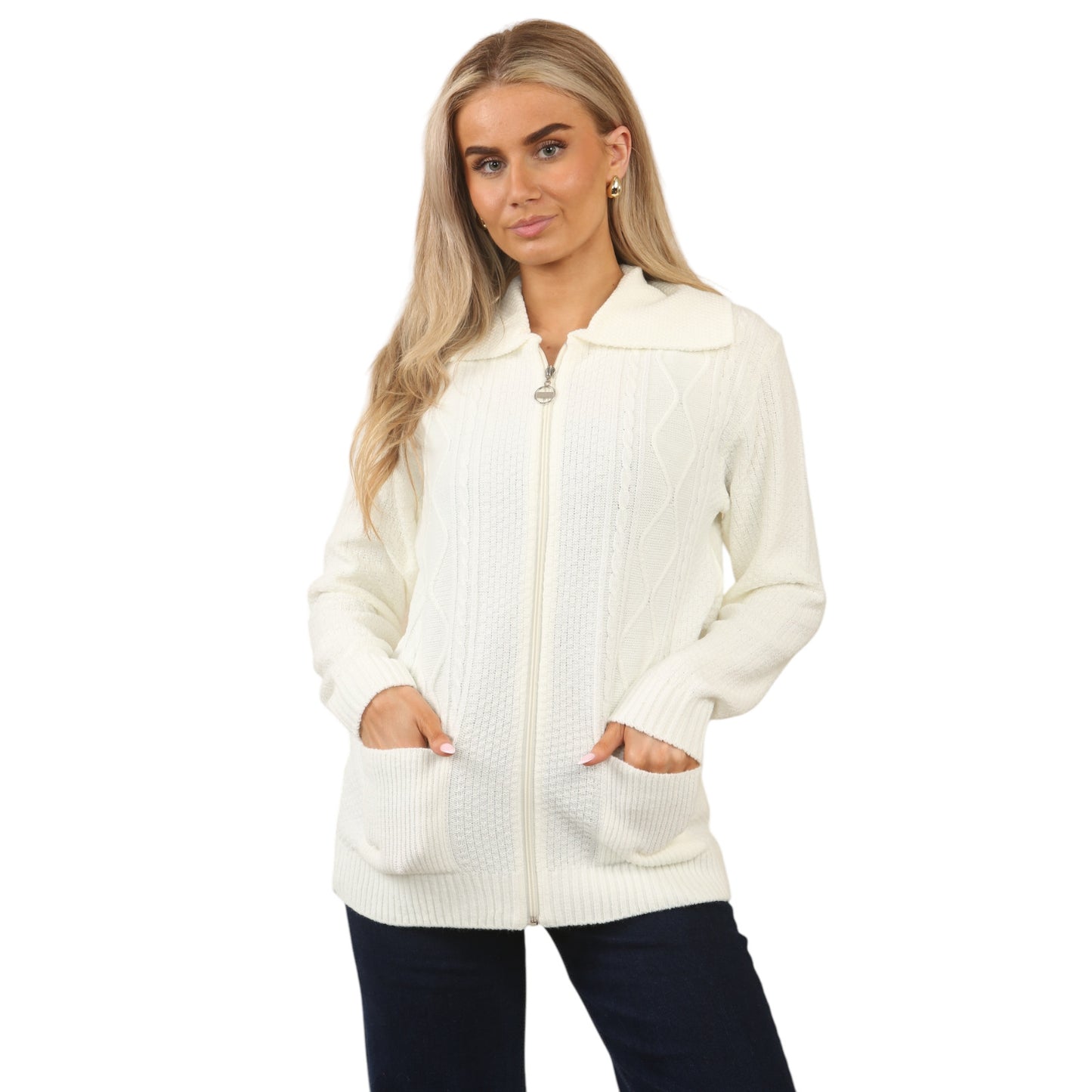 WOMENS ZIP UP CARDIGAN LADIES DIAMOND CABLE KNIT LONG SLEEVES SWEATER TOP JUMPER