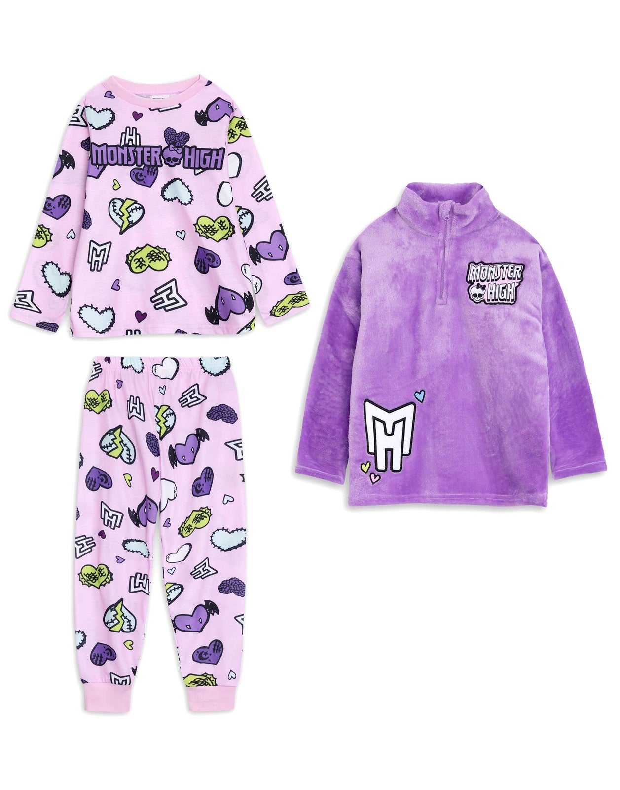 Monster High Long Sleeve Long Leg Pyjama and Jumper 3 Piece Set | Girls Multicol
