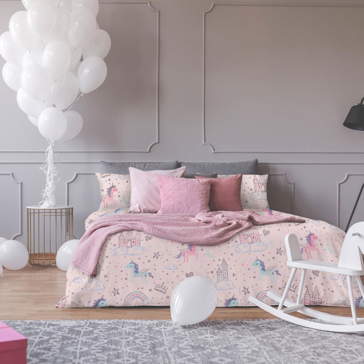Dreamscene Unicorn Kingdom Duvet Cover and Pillowcase Kids Pink Star Bedding Set