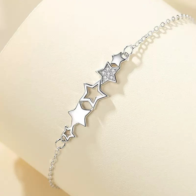 925 Sterling Silver Crystal Star Linked Charm Bracelet Women Jewellery Gift