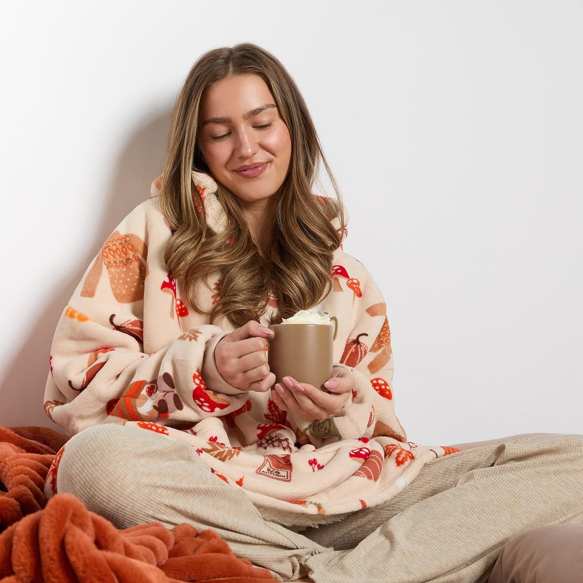 OHS Autumn Hoodie Blanket Pumpkin Prints Fleece Wearable Throw Sherpa