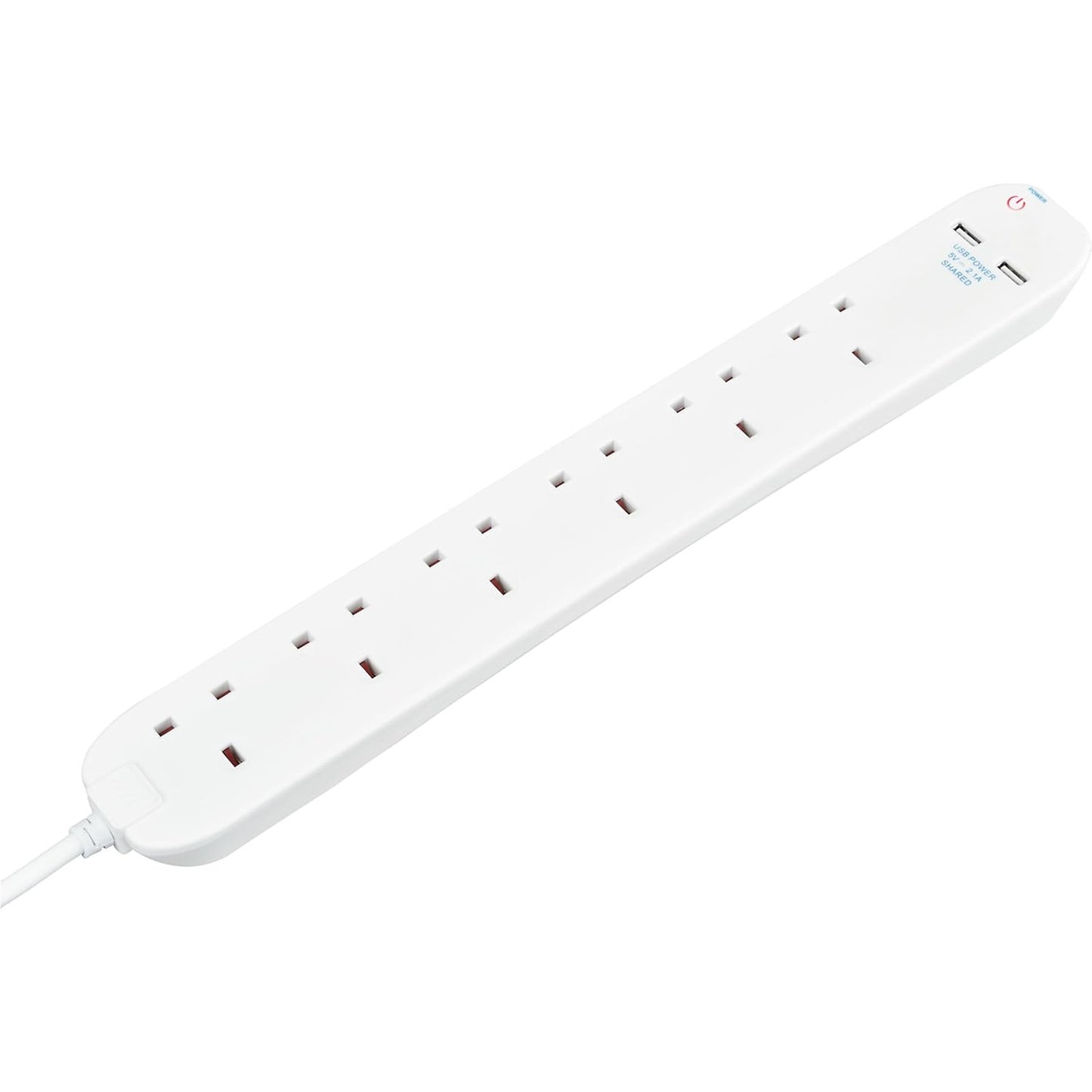 Masterplug 6 Socket Gang Extension Lead with 2 USB Ports 1m Cable 13A White