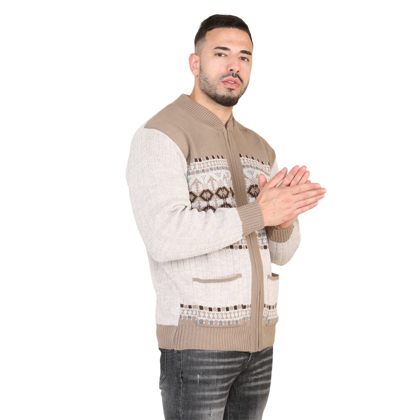 MENS AZTEC PATTERN CARDIGAN ZIP POCKET THICK WINTER WARM SWEATER KNITTED JUMPER
