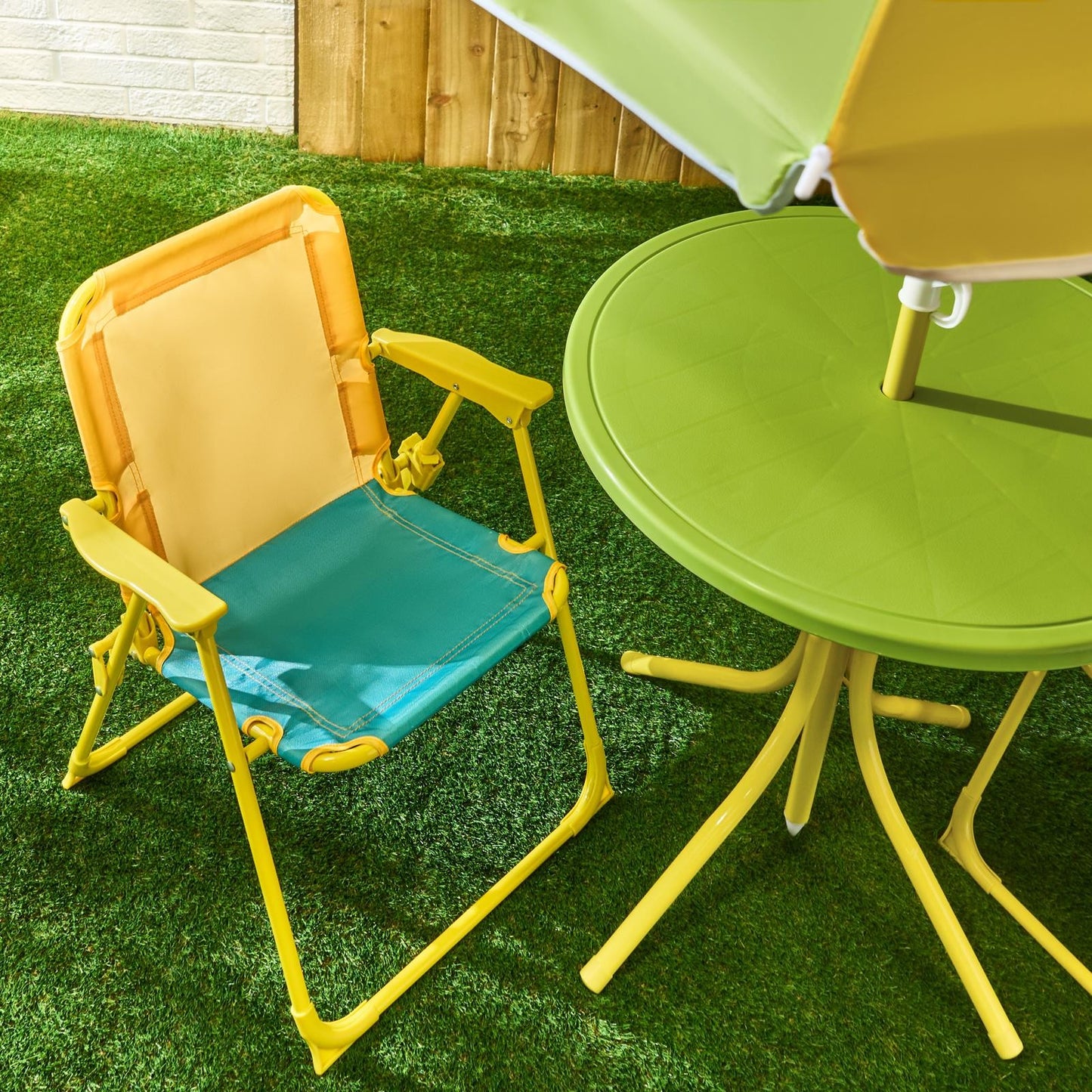 OHS Kids Folding Bistro Set Colour Block Table Chair Seat with Parasol Garden