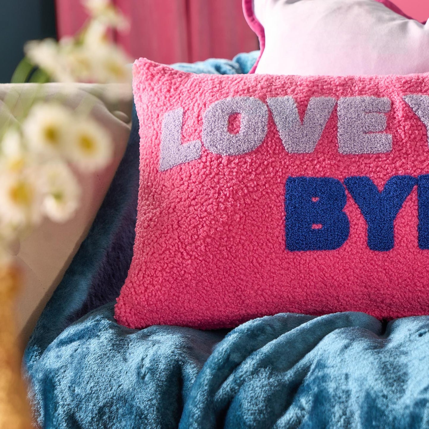 OHS Slogan Scatter Pillow Love You Bye Boucle Decor Filled Cushion Back Support