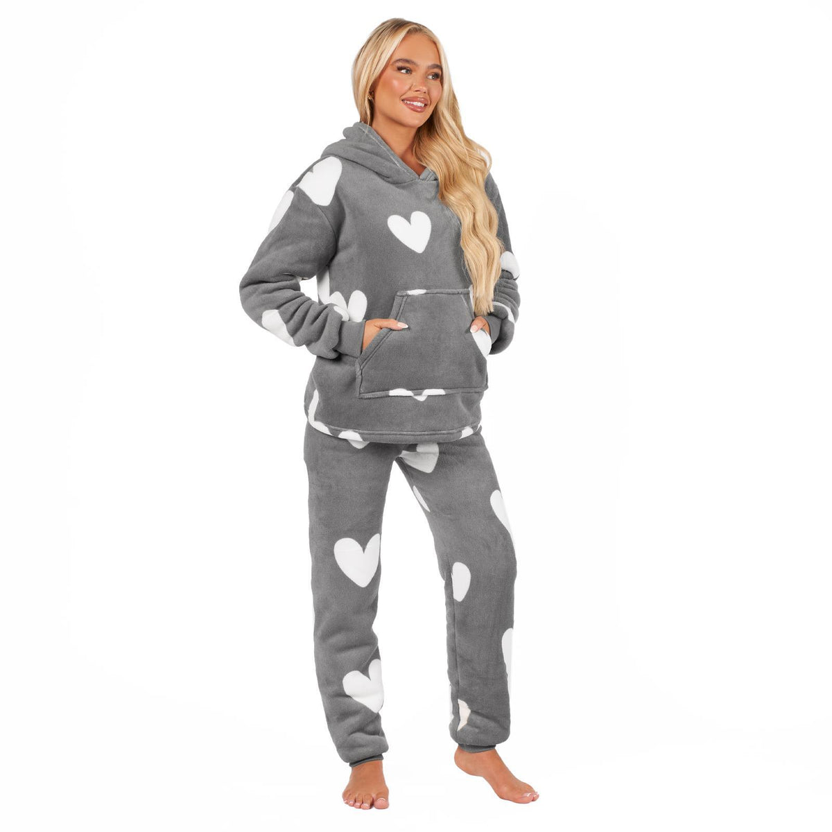 Ladies Fleece Pyjama Set Soft Sherpa Womens PJ Heart Lounge Pants Warm Nightwear