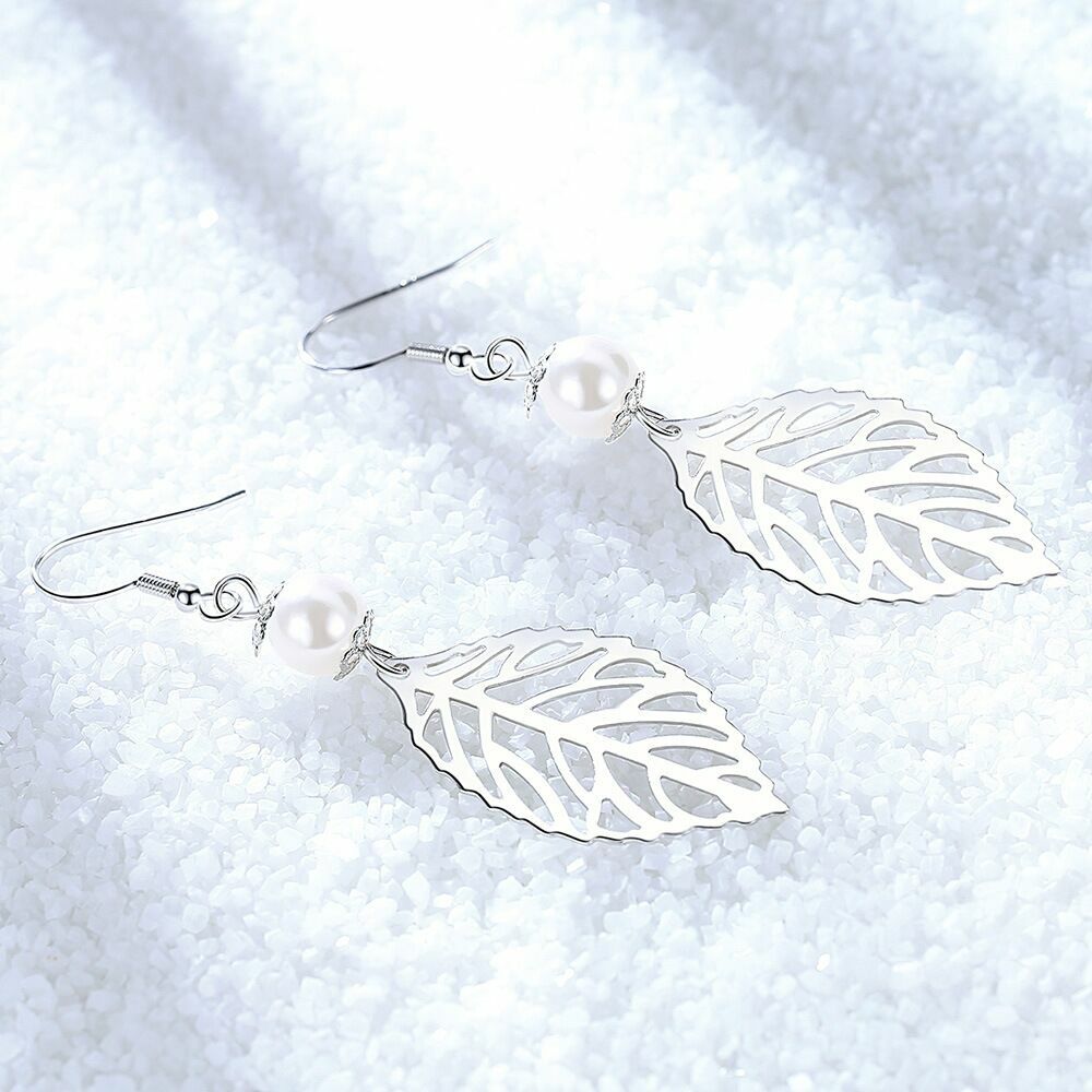 Women Girls Pearl Leaf Drop Hook Earrings 925 Sterling Silver Jewellery Gift UK