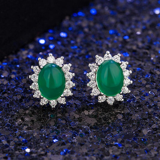 925 Sterling Silver Crystal Green Jade Stud Earrings Jewellery Women Gift