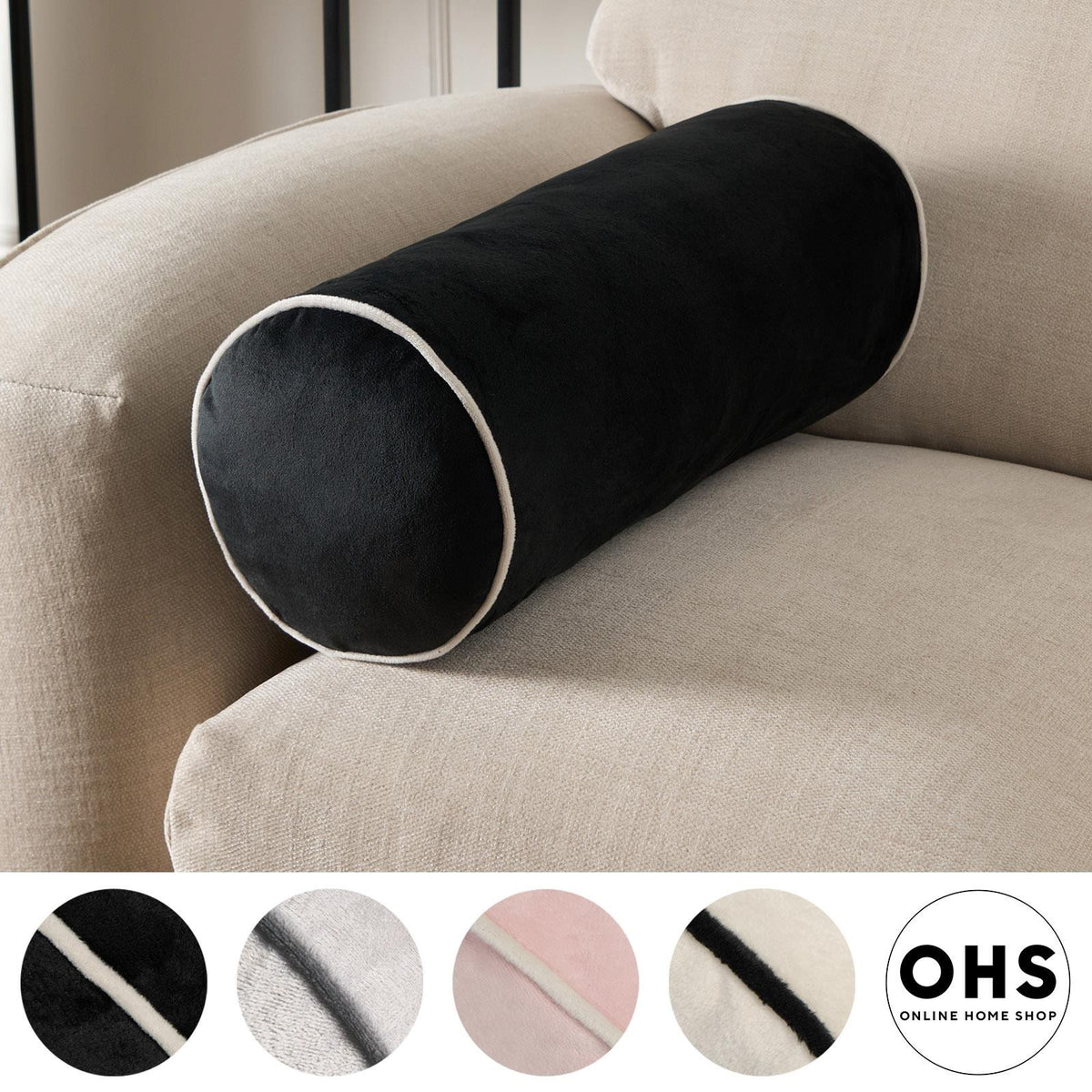 OHS Piped Edge Bolster Cushion Matte Velvet Bedroom Sofa Plump Filled Pillow