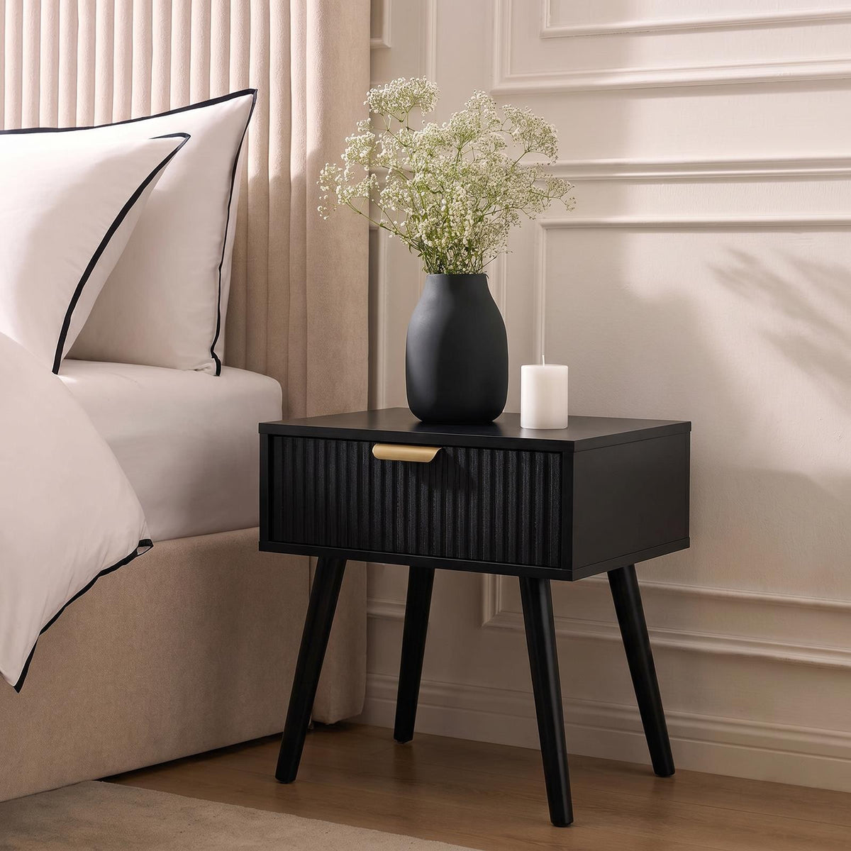 OHS Ribbed Bedside Nightstand 1 Drawer Storage Unit Wooden End Table
