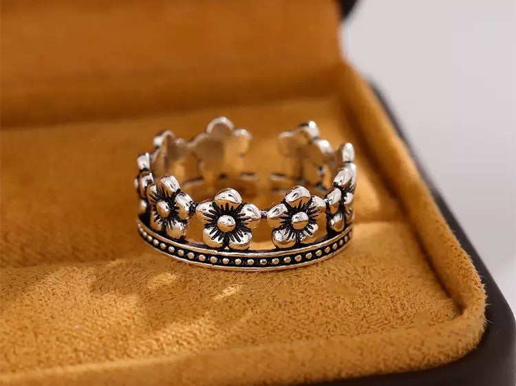 Vintage Flower Linked Adjustable Ring 925 Sterling Silver Women Girls Jewellery