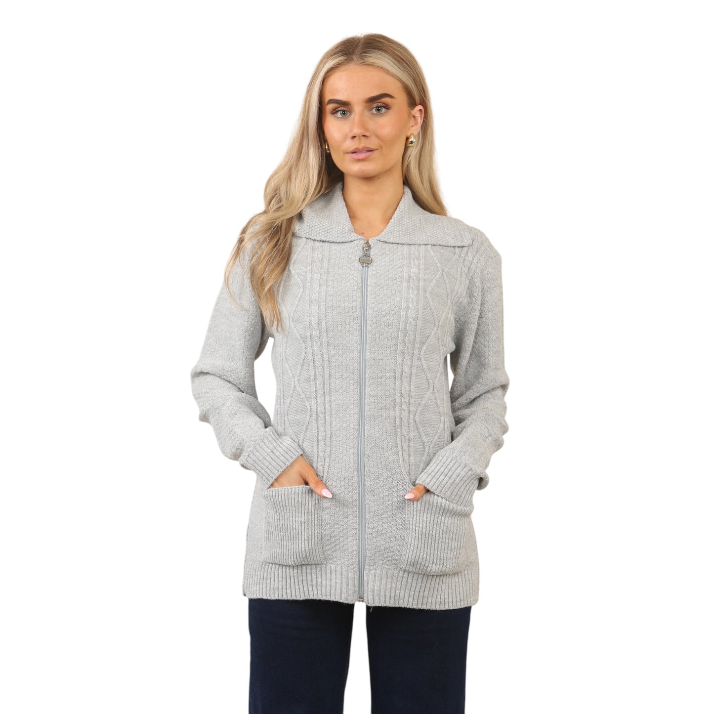 WOMENS ZIP UP CARDIGAN LADIES DIAMOND CABLE KNIT LONG SLEEVES SWEATER TOP JUMPER