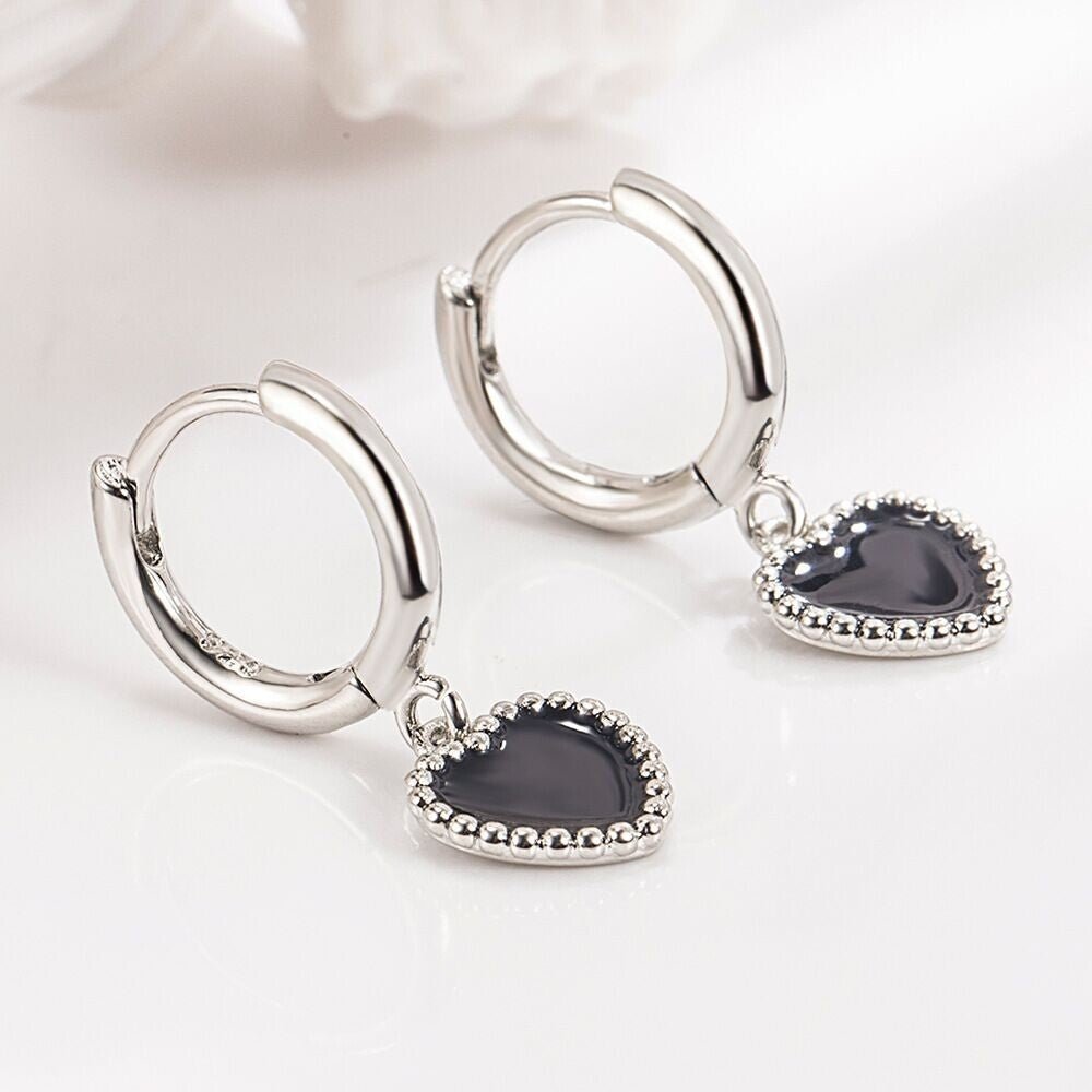 925 Sterling Silver Black Heart Hoop Earrings Women Girls Jewellery Gift