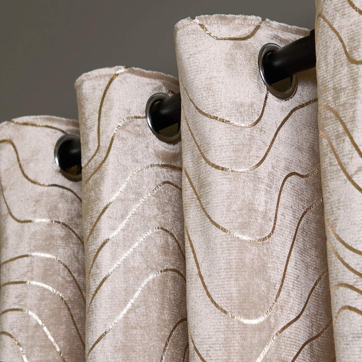 Velvet Eyelet Curtains Metallic Foil Wave Pair of Ring Top Thermal Ready Made