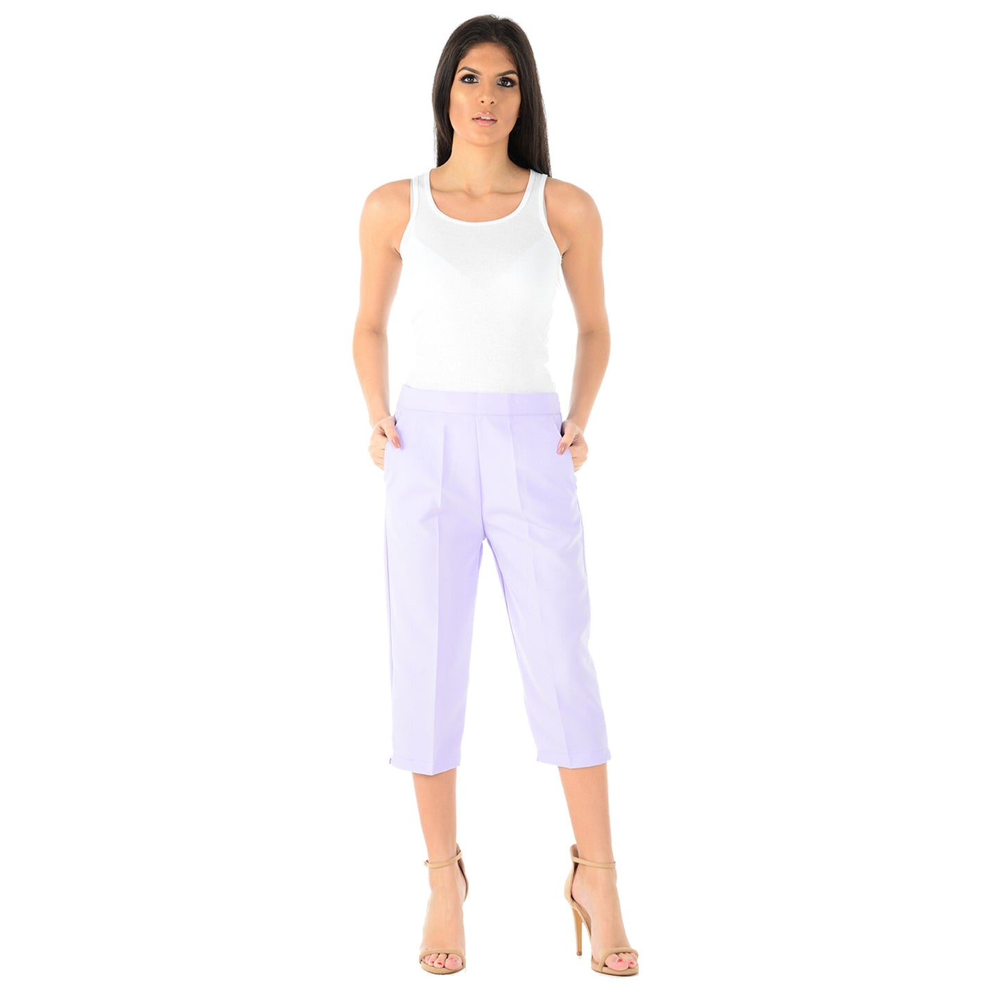 3/4 LENGTH WOMENS LADIES STRETCH ELASTICATED WAIST PLAIN PANTS CROPPED TROUSERS