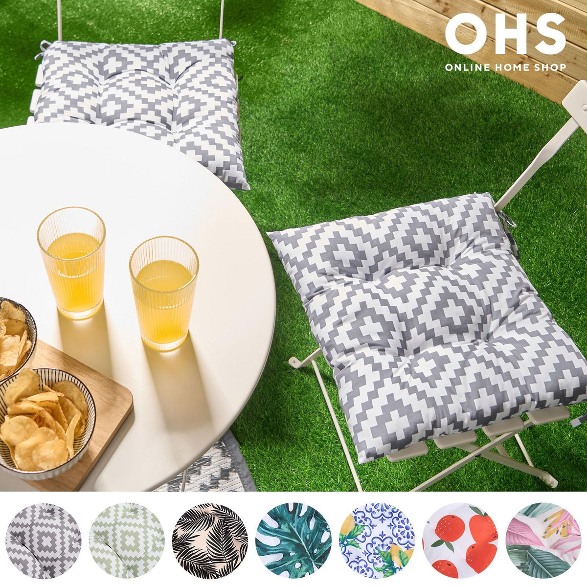 OHS Seat Pads 2 Water Resistant Outdoor Cushions Garden Chair Covers Ties