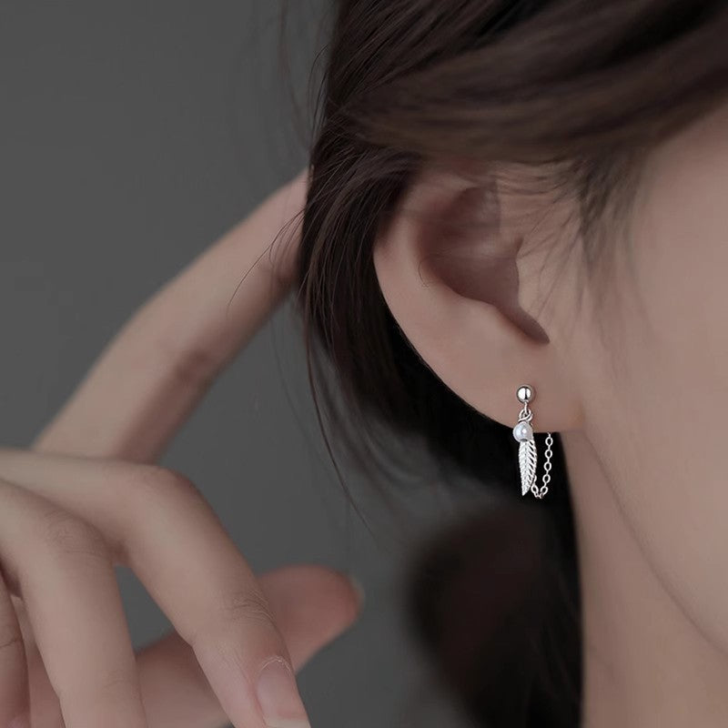 925 Sterling Silver Pearl Feather Drop Stud Earrings Women Girls Jewellery Gift