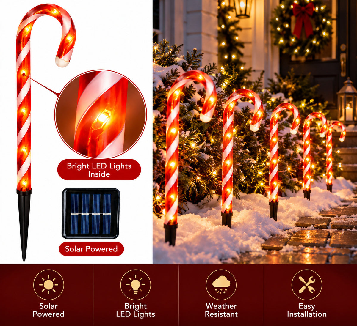 5PCS SOLAR CANDY CANE CHRISTMAS DECORATION OUTDOOR GARDEN PATHWAY STAKE LIGHT